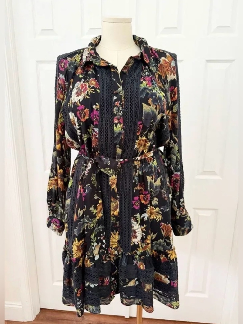 Anthropologie Black Floral Lace-Trim Midi Dress NWT size xl
